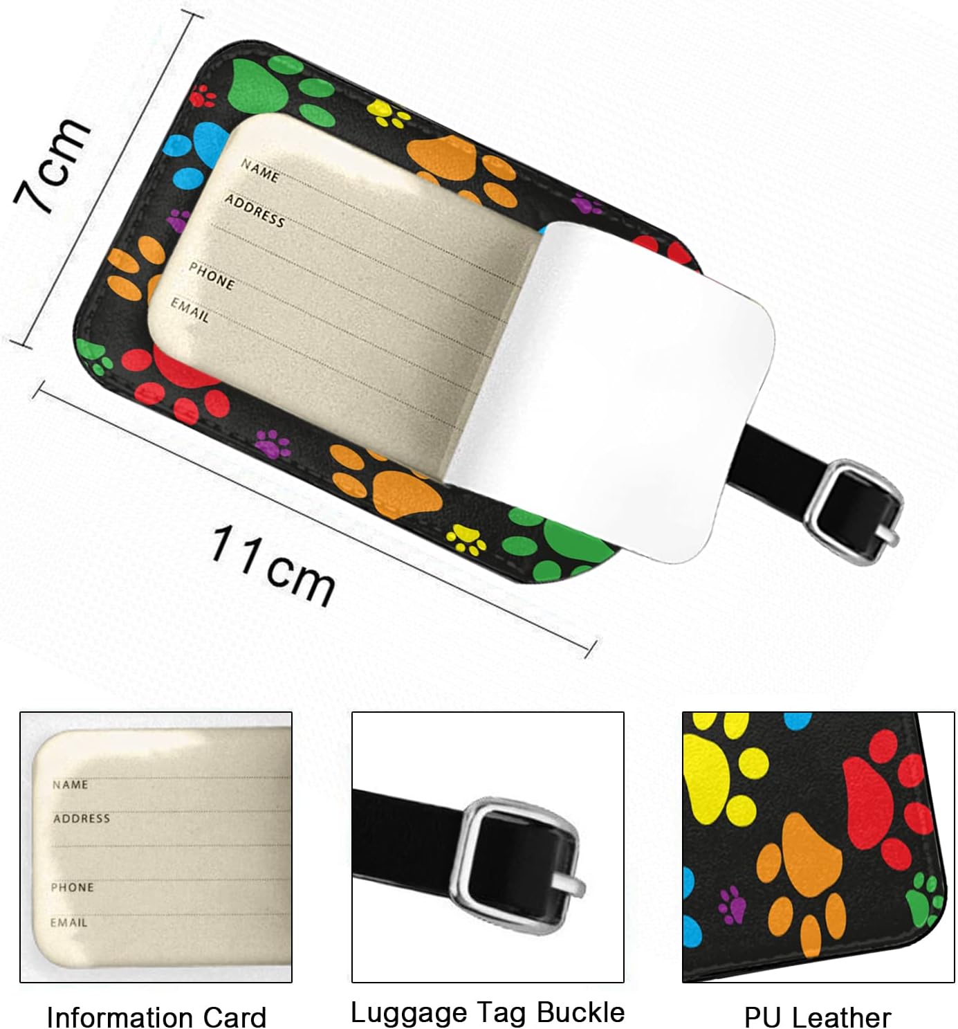 Color Paw Travel ID Bag Tag Prints Pets Cats Dogs Animals Footprints Luggage Tags with Full Back Privacy Cover PU Leather Strap 1 Pcs Set, 1 Pack