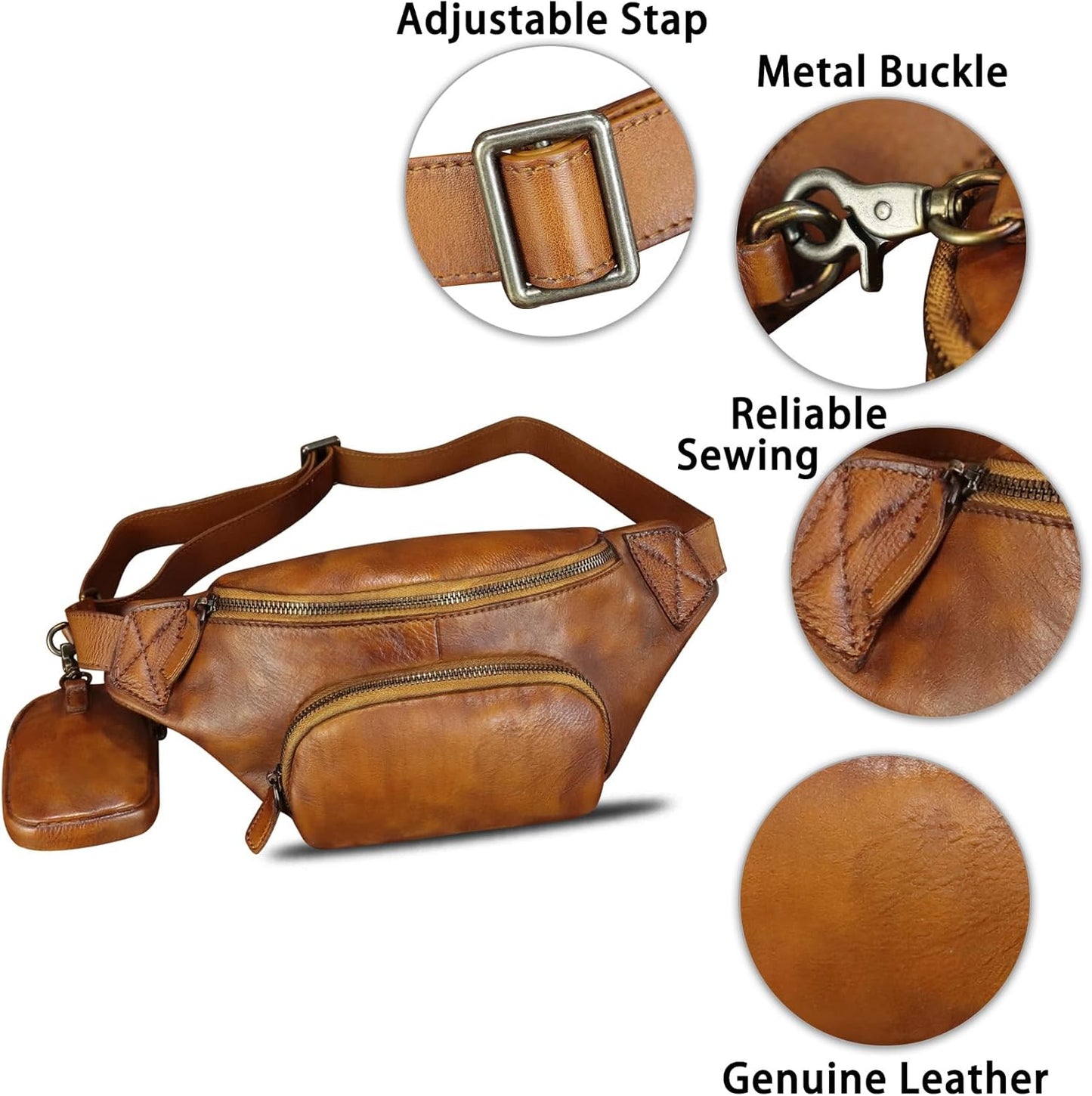 Genuine Leather Waist Bag Hip Bag Fanny Packs for Women and Men Real Leather Fanny Bag Sling Bag Crossbody Bags Chest Purses (Brown)