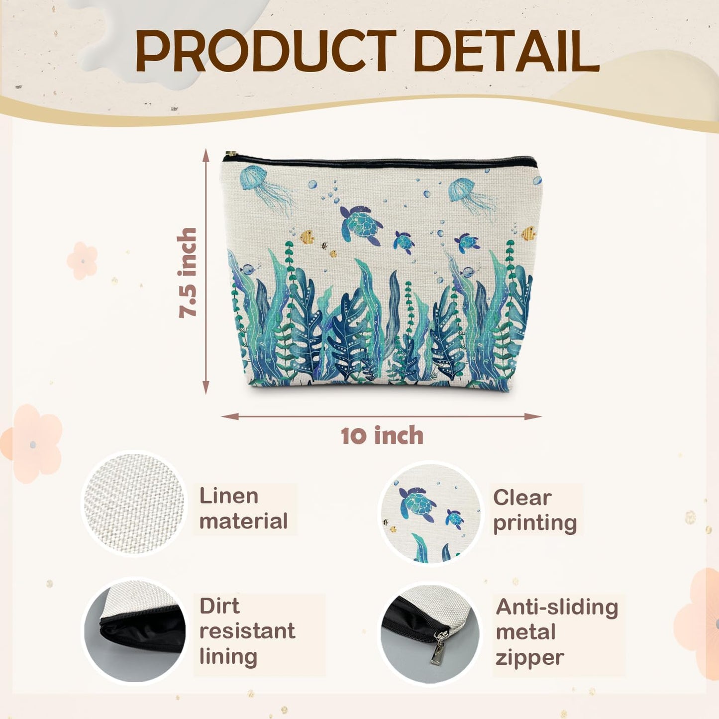 Sea Turtle Gifts Makeup Bag, Ocean Turtle Gifts for Women, Turtles Cosmetic Bag Coastal Beach