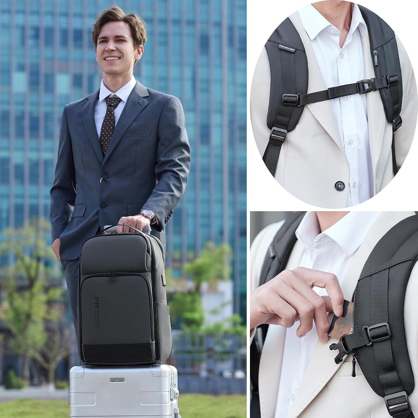 FENRUIEN 17 Inch Travel Backpack Gray, Expandable Water Resistant Computer Backpack with USB Port, Laptop Bag for Business/College/Work