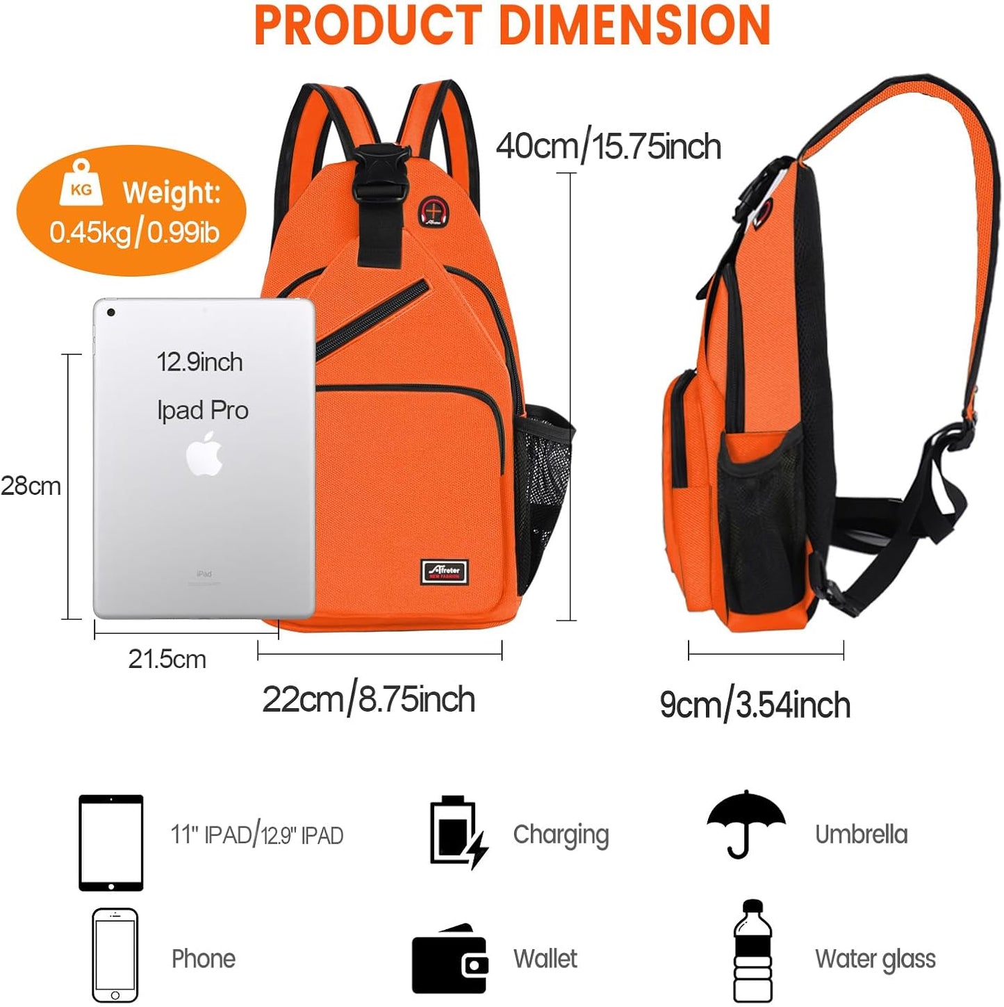 Crossbody Sling Backpack Men and Women Sling Bag Shoulder Backpack Travel Hiking Chest Bag Daypack (Orange)