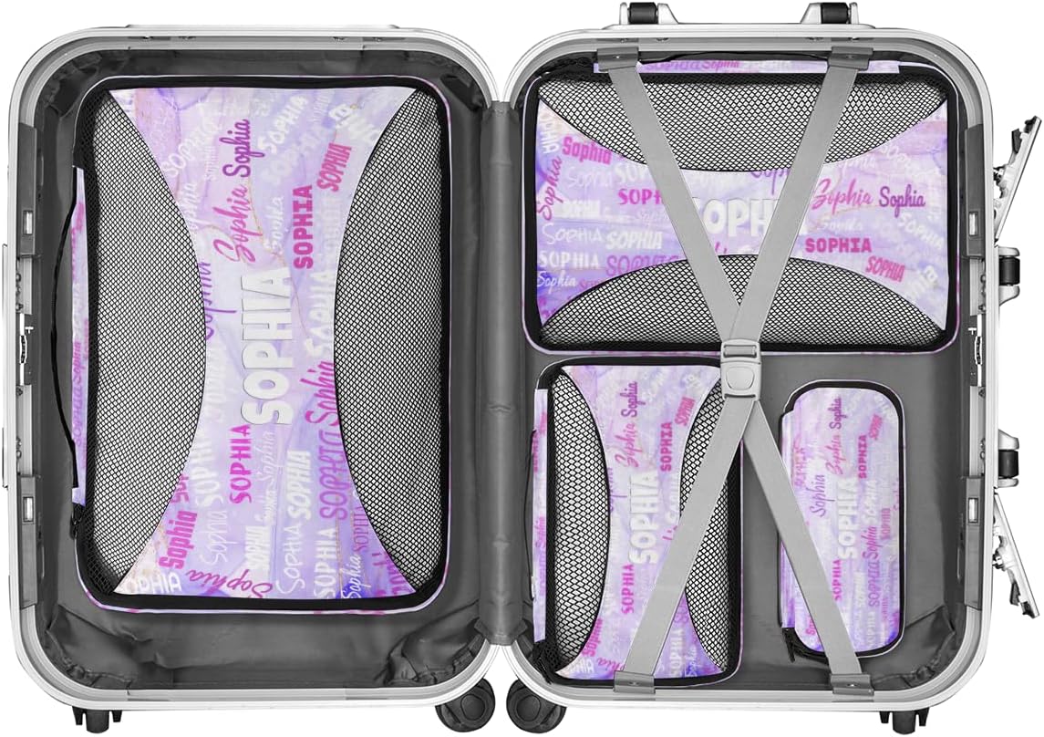 Custom Name 4 Pcs set travel luggage organizer Mesh Travel Essentials for Suitcases, Light Purple Marble Texture