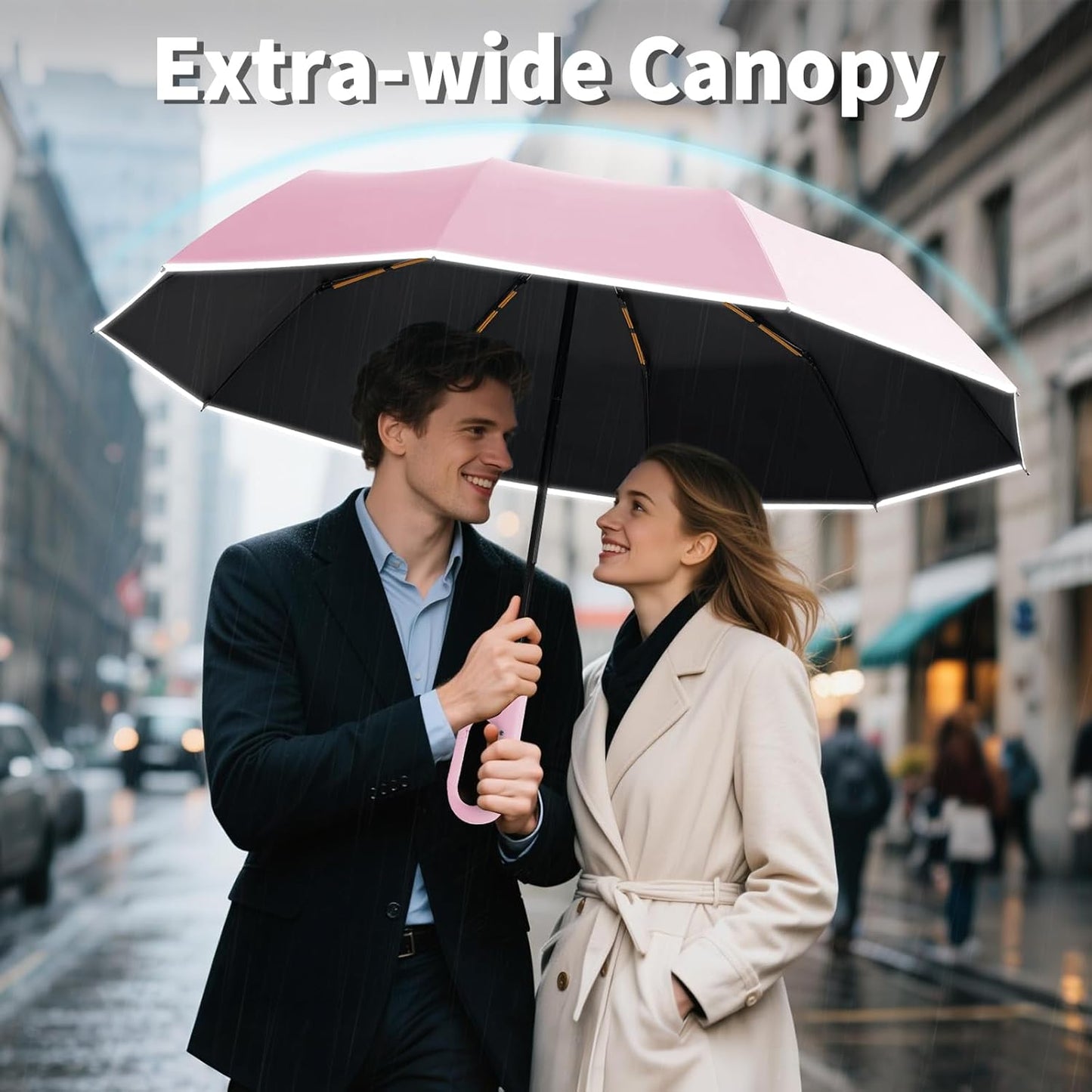 Seniny Travel Umbrella with Carabiner Handle, Windproof Large Umbrellas for Rain with Dual-Rib Structure, Portable Compact Umbrella with Reflective Strip, Car Backpack UV Umbrellas for Sun Protection