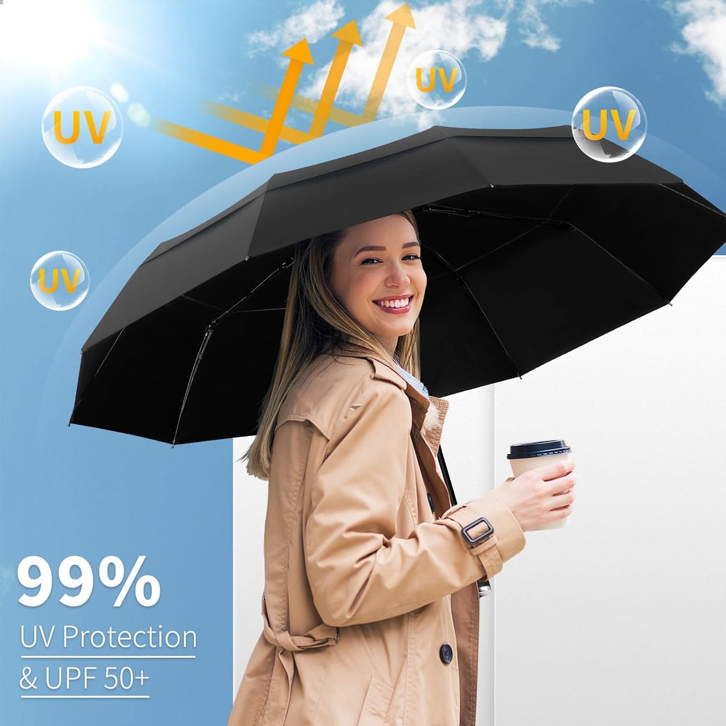Seniny Travel Umbrella with Carabiner Handle, Windproof Large Umbrellas for Rain with Dual-Rib Structure, Portable Compact Umbrella with Reflective Strip, Car Backpack UV Umbrellas for Sun Protection