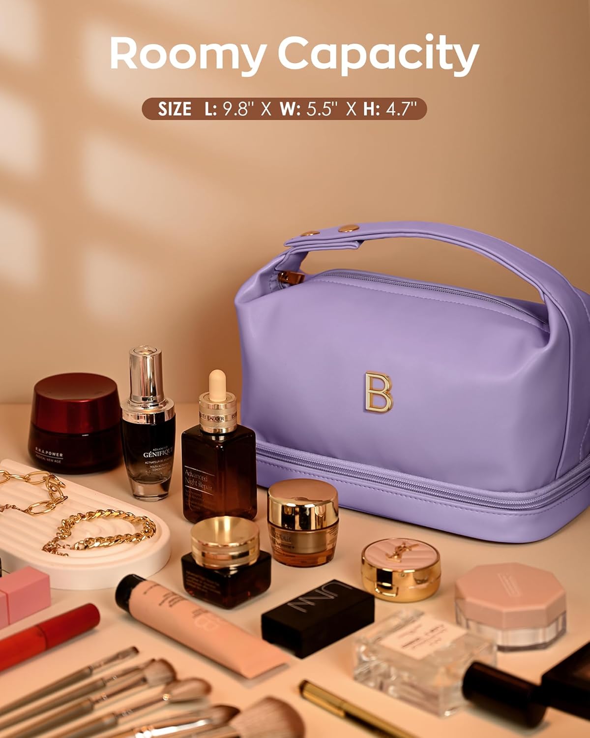 Personalized Makeup Bags, Personalized Bags with Handle, Waterproof Double Layer Cosmetic Bag, Large Capacity PU Leather Makeup Bags Letter Travel Toiletry Bag with Makeup Brush Organizer