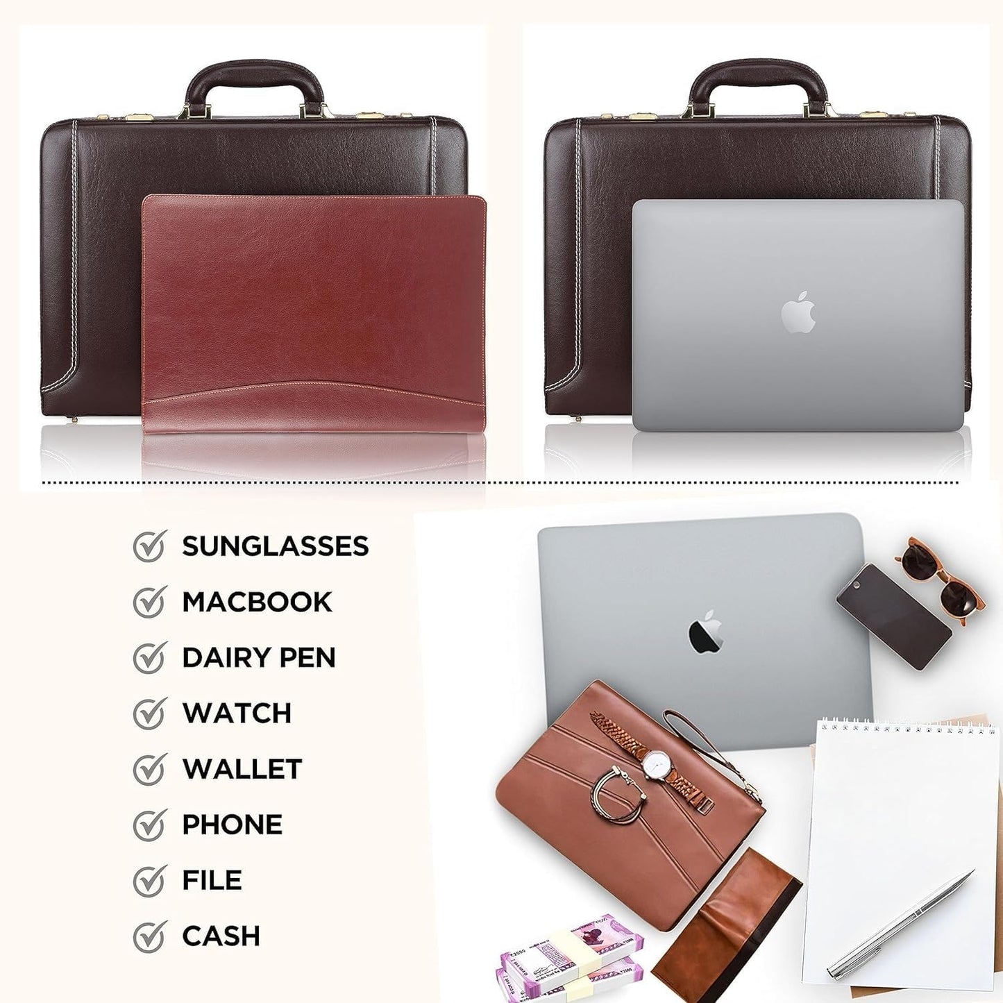 Full Grain Leather Briefcase Attache Case For Unisex Size L18 x W5 x H12 Inches Expandable Briefcase Bag