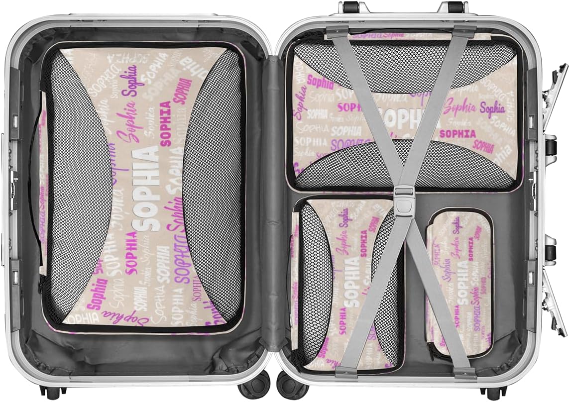 Custom Name 4 Pcs set travel luggage organizer Mesh Travel Essentials for Suitcases, Beige Background