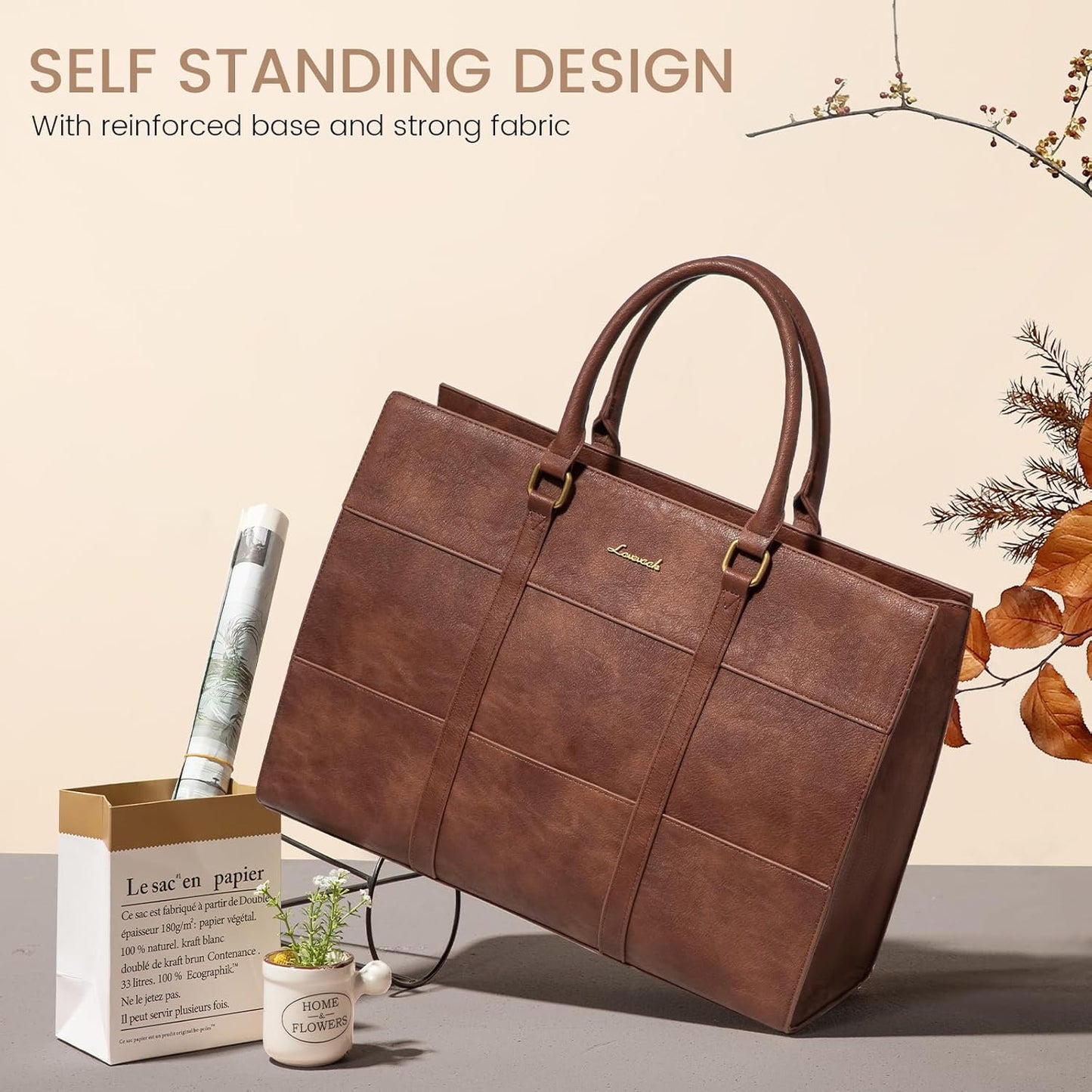 LOVEVOOK Laptop Bag for Women, 15.6 Inch Laptop Tote Bag, Vintage Leather Work Bags for Women, Waterproof Computer bag with Clutch Purse, Large Capacity Briefcase, Business Office Bag