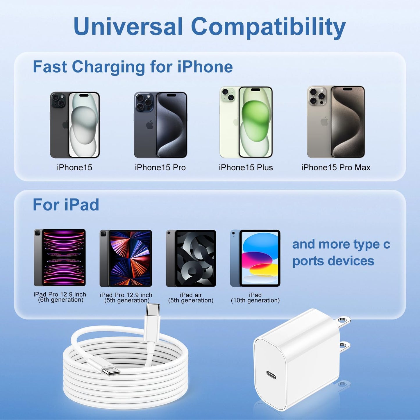 iPhone 15 Fast Charger and 10ft Type C to C Cable Cord Long, 20W USB C Charging Block for Apple iPhone 15 Plus/15 Pro Max/iPad Pro Wall Plug Power Adapter Cube Brick 12.9/11 inch/Air 4th/6 Gen/Mini