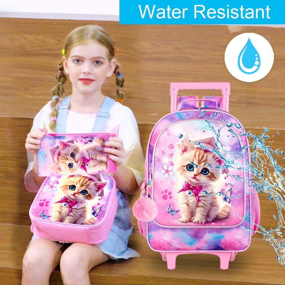 3PCS Rolling Backpack for Girls and Boys, Kids Roller Wheels Bookbag, Wheeled Elementary School Bag with Lunch Bag