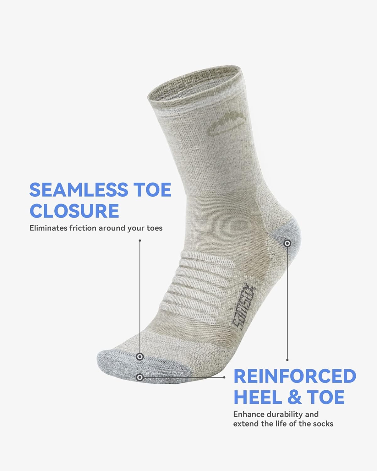 2 Pack Merino Wool Hiking Socks, Made in USA, Moisture Wicking Cushion Socks for Men & Women