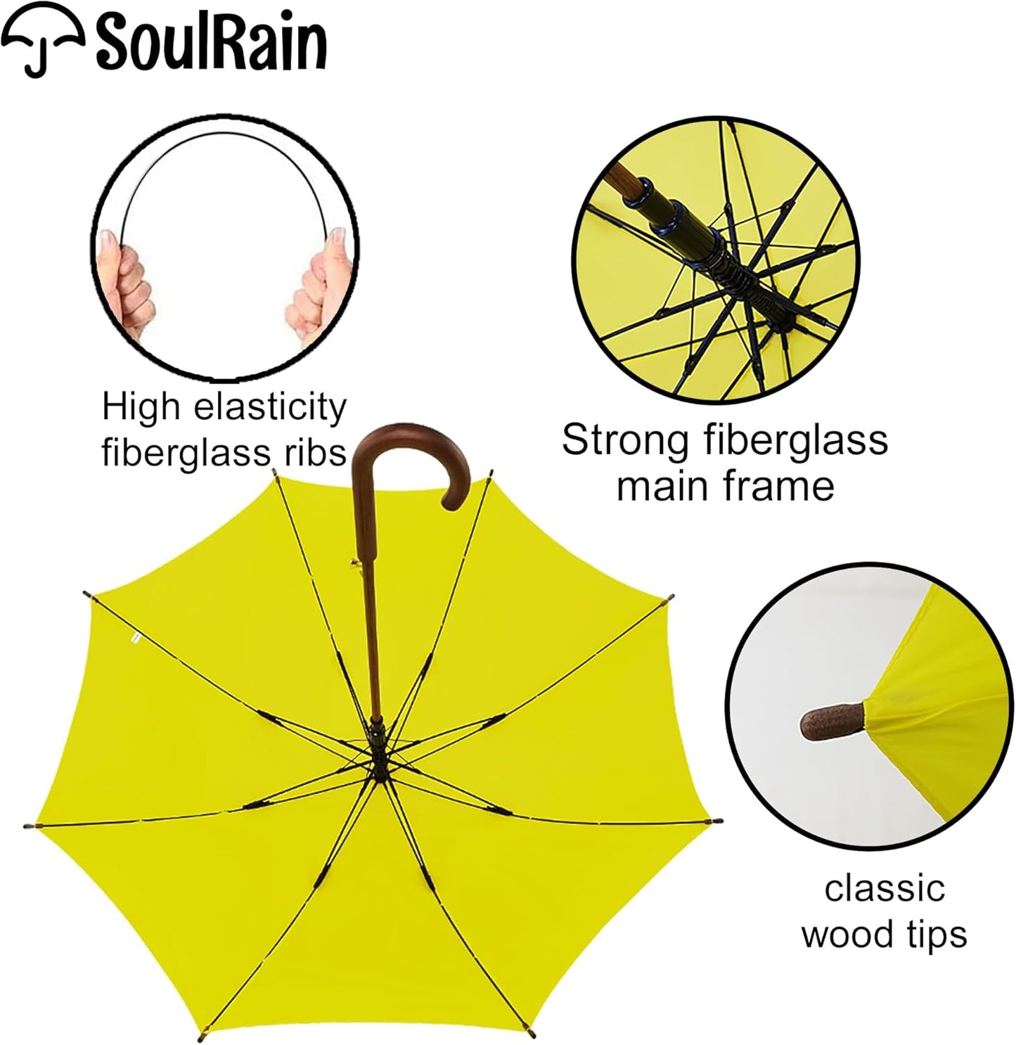 SoulRain 48" Large Umbrella –Windproof Stick Umbrellas for Rain, Automatic Open, Vintage Cane Yellow Umbrella with Classic Wooden Handle & Shaft,Open for 2 Persons for Women & Men(Yellow)
