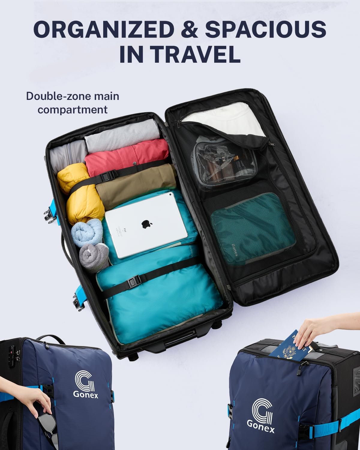 Gonex Rolling Duffle Bag with Wheels, Water-repellent 30 inch Nylon Large Wheeled Travel Duffel Luggage with TSA Lock & Telescopic Handle 100L, Navy Blue