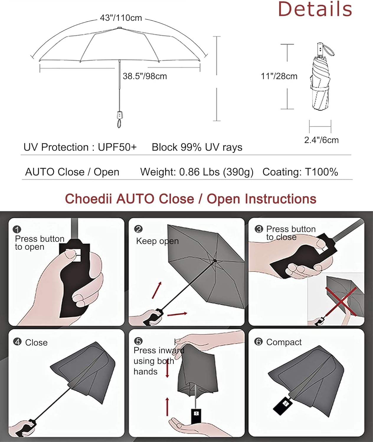 Sun Umbrella UV protection UPF 50+ Compact Portable travel Parasol Auto Open Close Windproof and Waterproof Folding Sun and Rain Small Umbrella For Walking