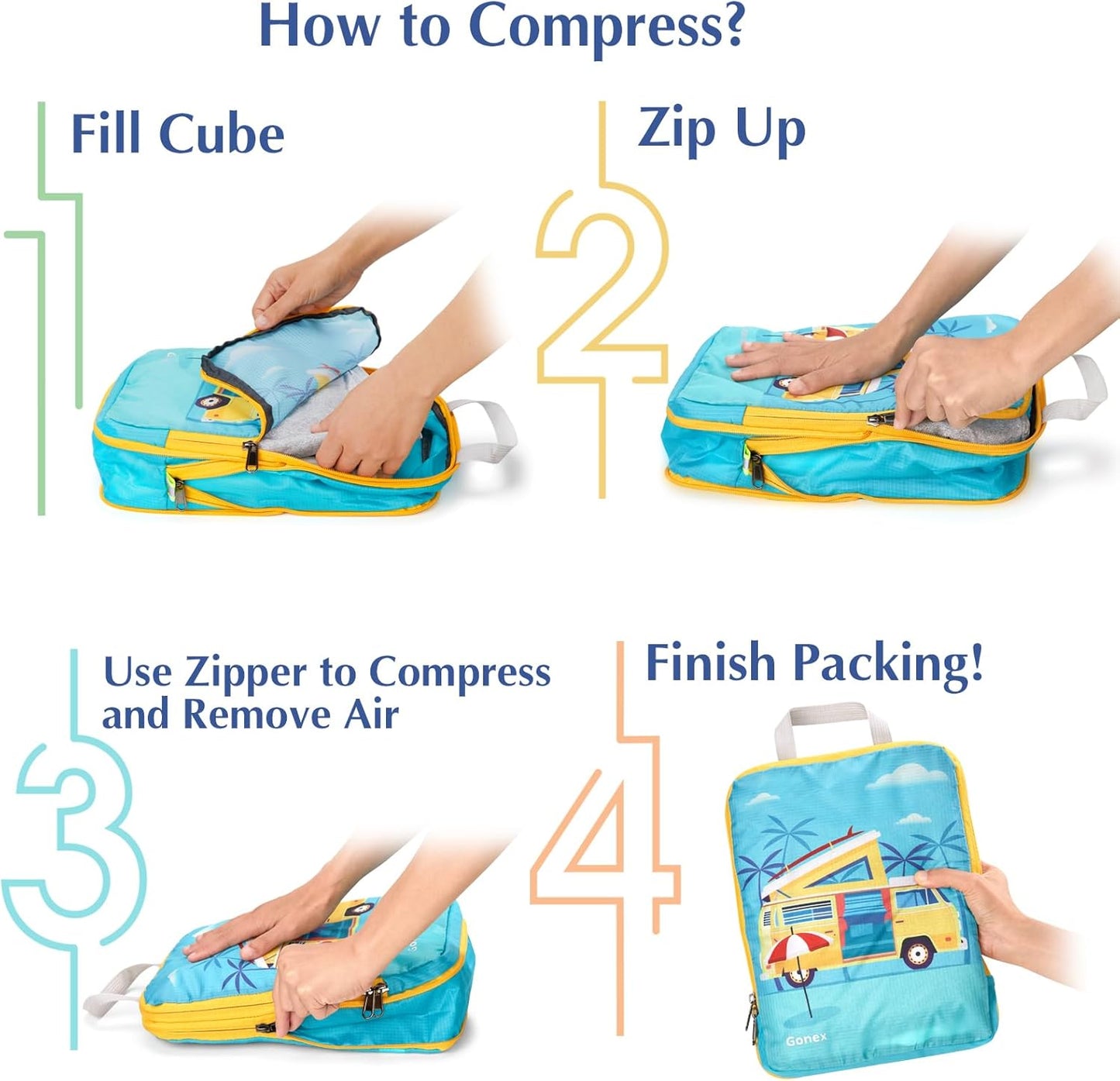 Gonex Compression Packing Cubes, 4pcs Expandable Storage Travel Luggage Bags Organizers, Travel Cubes for Suitcase Carry On (RV)