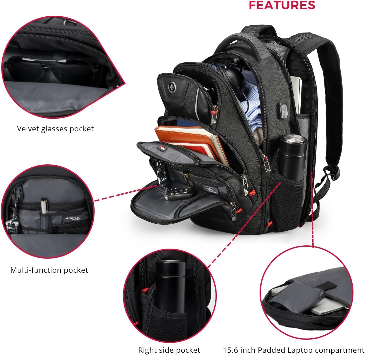 Swissdigital Design Travel Backpack for men, TSA Friendly USB Charging RFID Protection Business