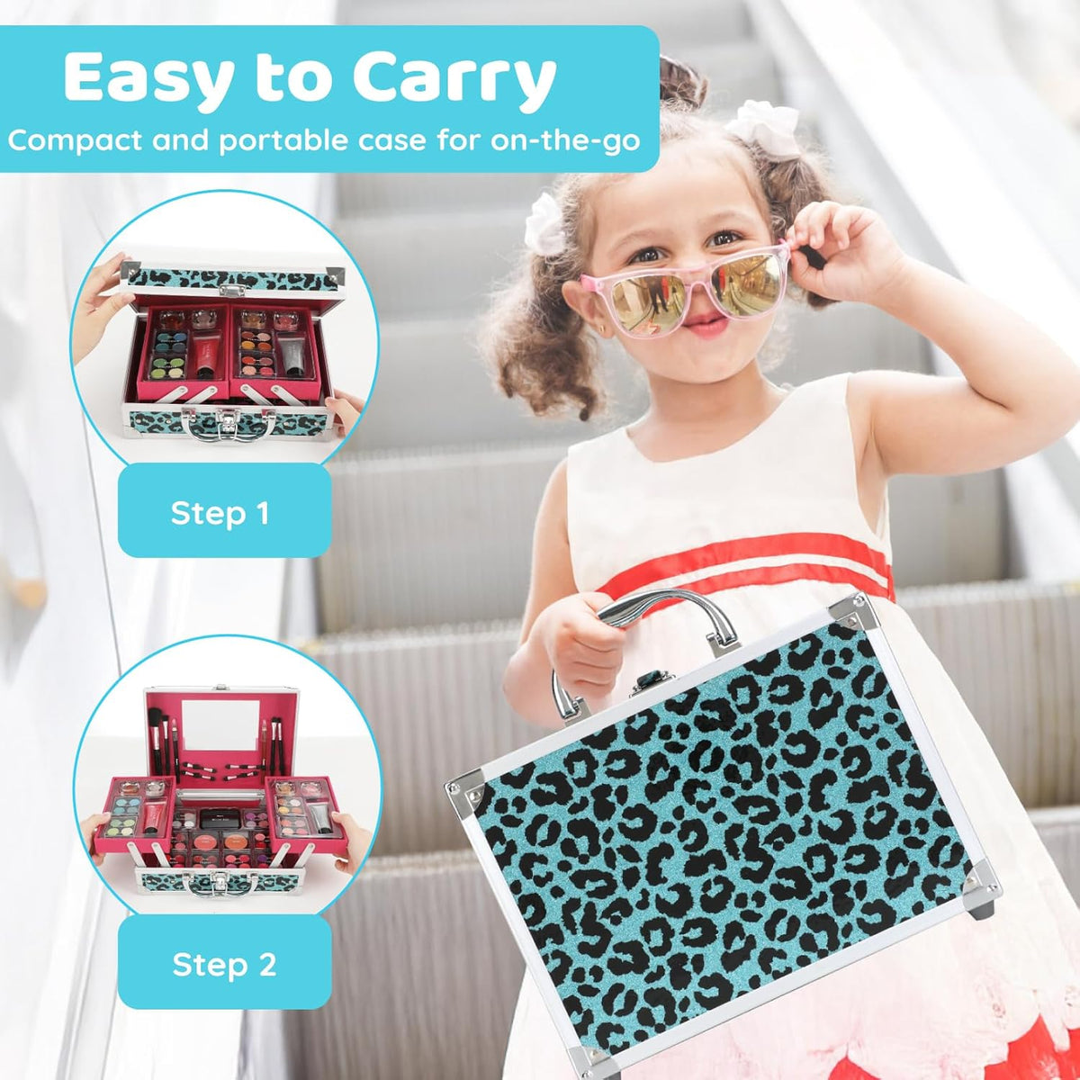 Anpro All-In-One Leopord Double Folding Makeup Carry Case with Pro Teen Makeup Set, Full Starter