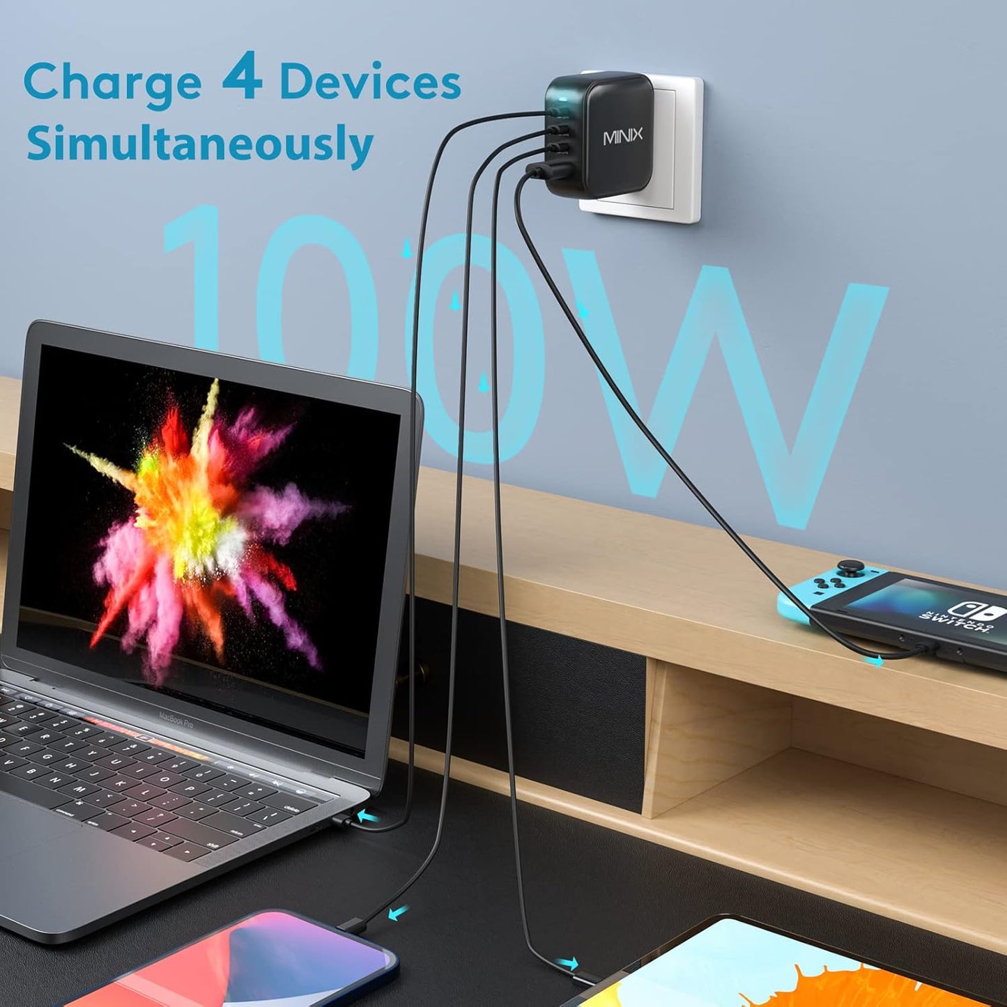 MINIX NEO P3 100W Turbo 4-Ports GaN Wall Charger, 3 x USB-C Port Fast Charging Adapter(Max 100W/20W), 1 USB-A (Max 18W). Compatible with MacBook Pro Air, iPad Pro, iPhone 17/16 Pro Max,Galaxy S23