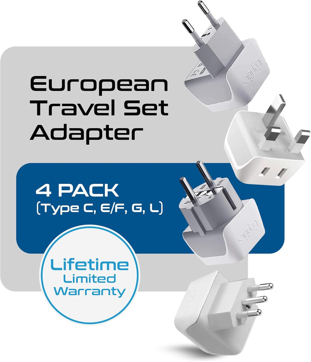 Ceptics European Plug Adapter 4 Pack Set, USA to Europe, Italy, Germany, England, Spain, Italy