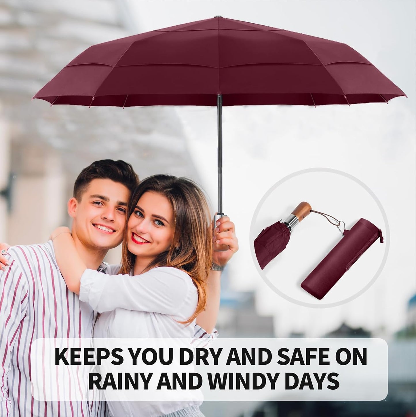 Umbrellas for Rain, Heavy-Duty Windproof Travel Umbrella — Auto Open/Close, Vented Triple-Layer Canopy, 10 Fiberglass Ribs, Folding Design, Large Coverage, Wooden Handle
