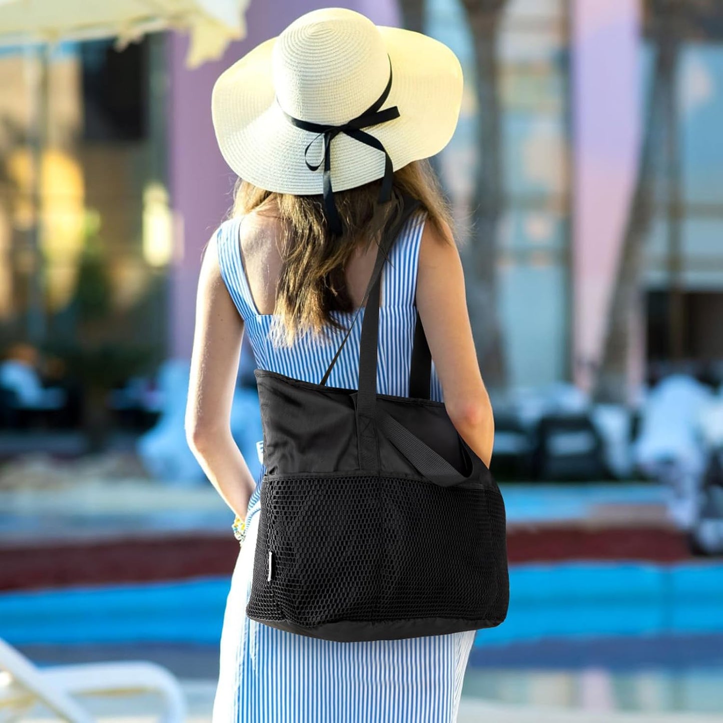 KABAQOO Large Beach Bag Waterproof Sandproof Tote Bag for Women with Zipper & Mesh Pockets for Pool Swim Travel Everyday