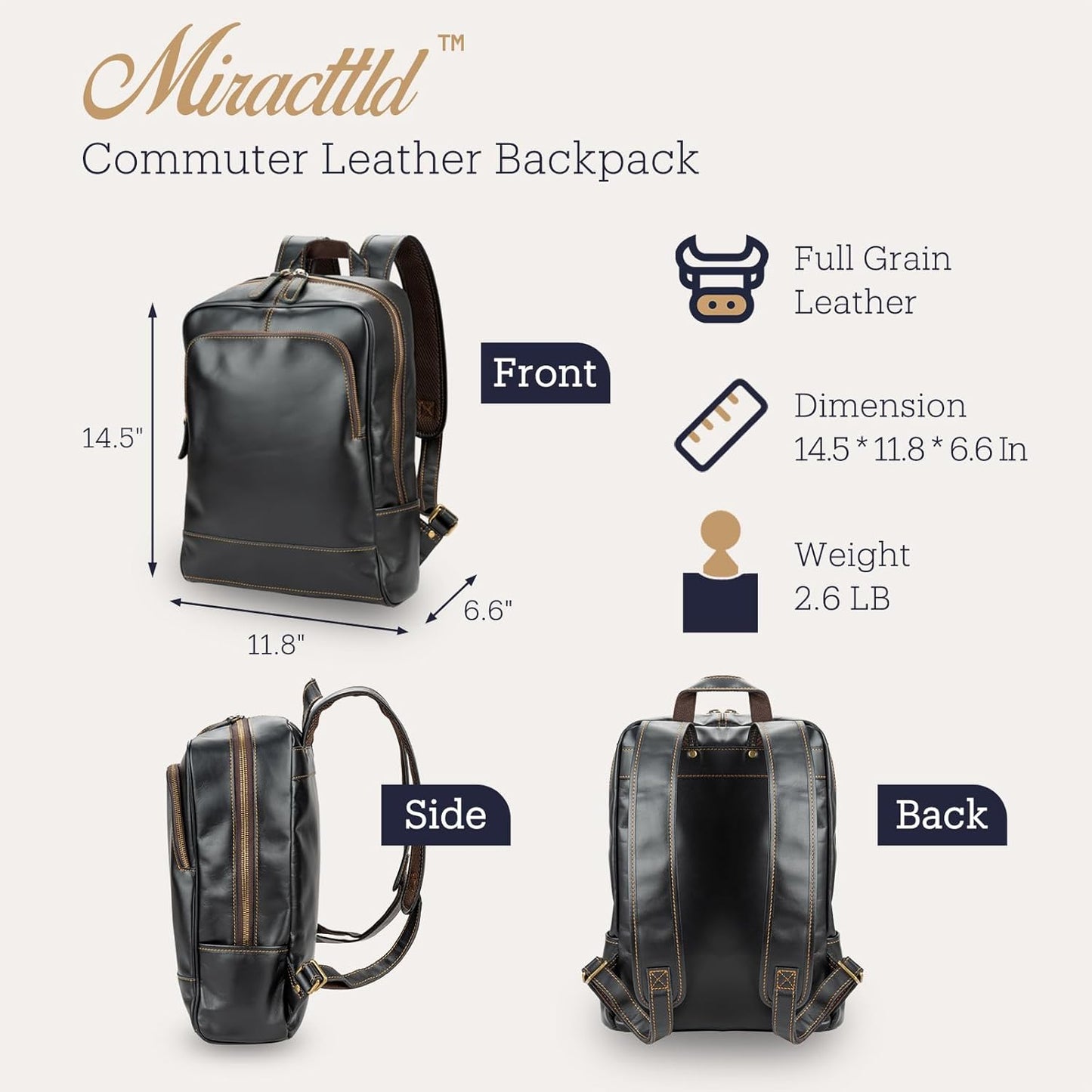 Leather Backpack for Men 15.6" Laptop Backpack 100% Madagascar top-Grain Leather Backpack Black