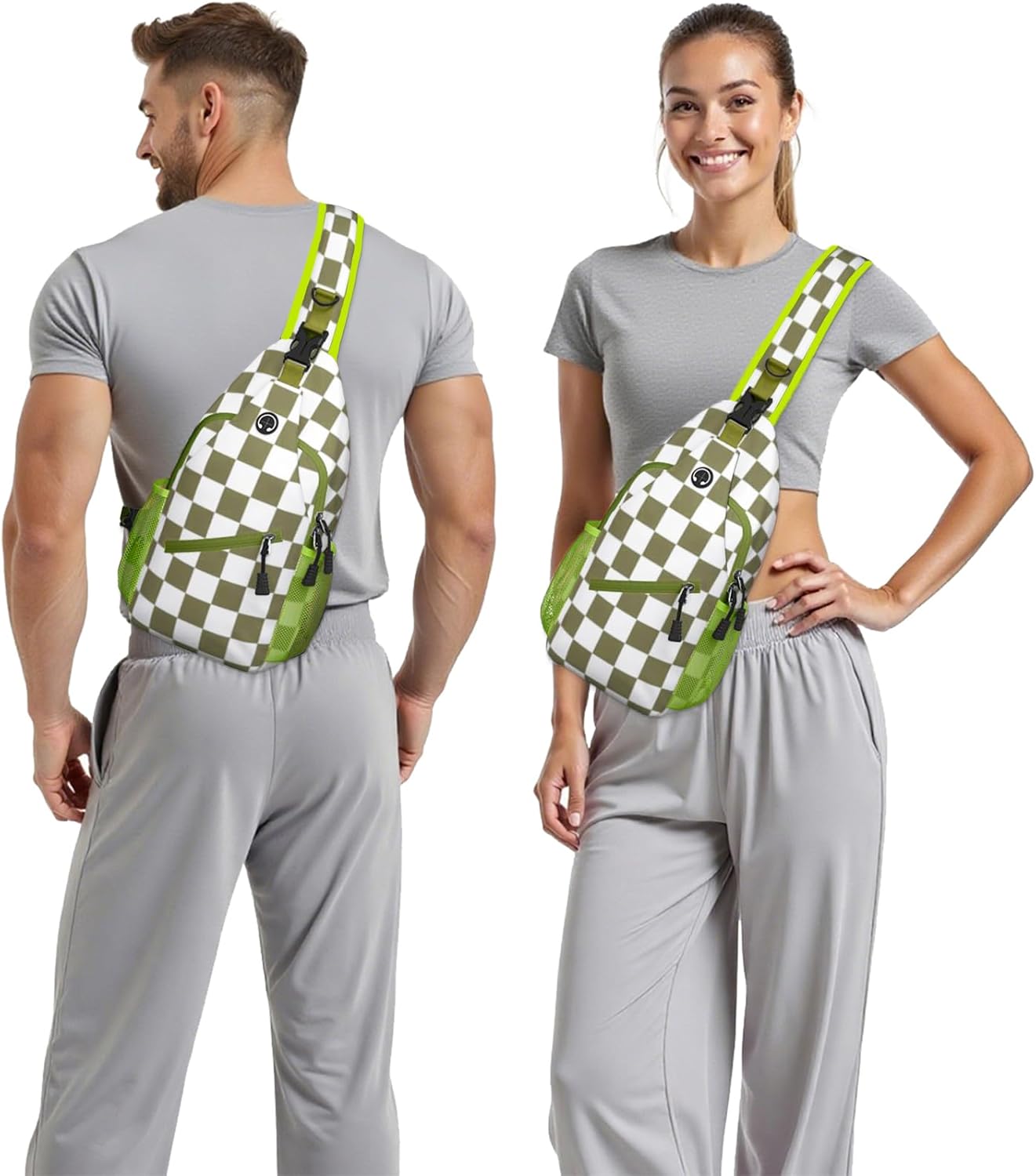 Green White Checkered Sling Bag Crossbody Chest Bag for Women Men, Water Resistant Lightweight Casual Crossbody Bag with Adjustable Strap, Travel Hiking Daypack Shoulder Backpack