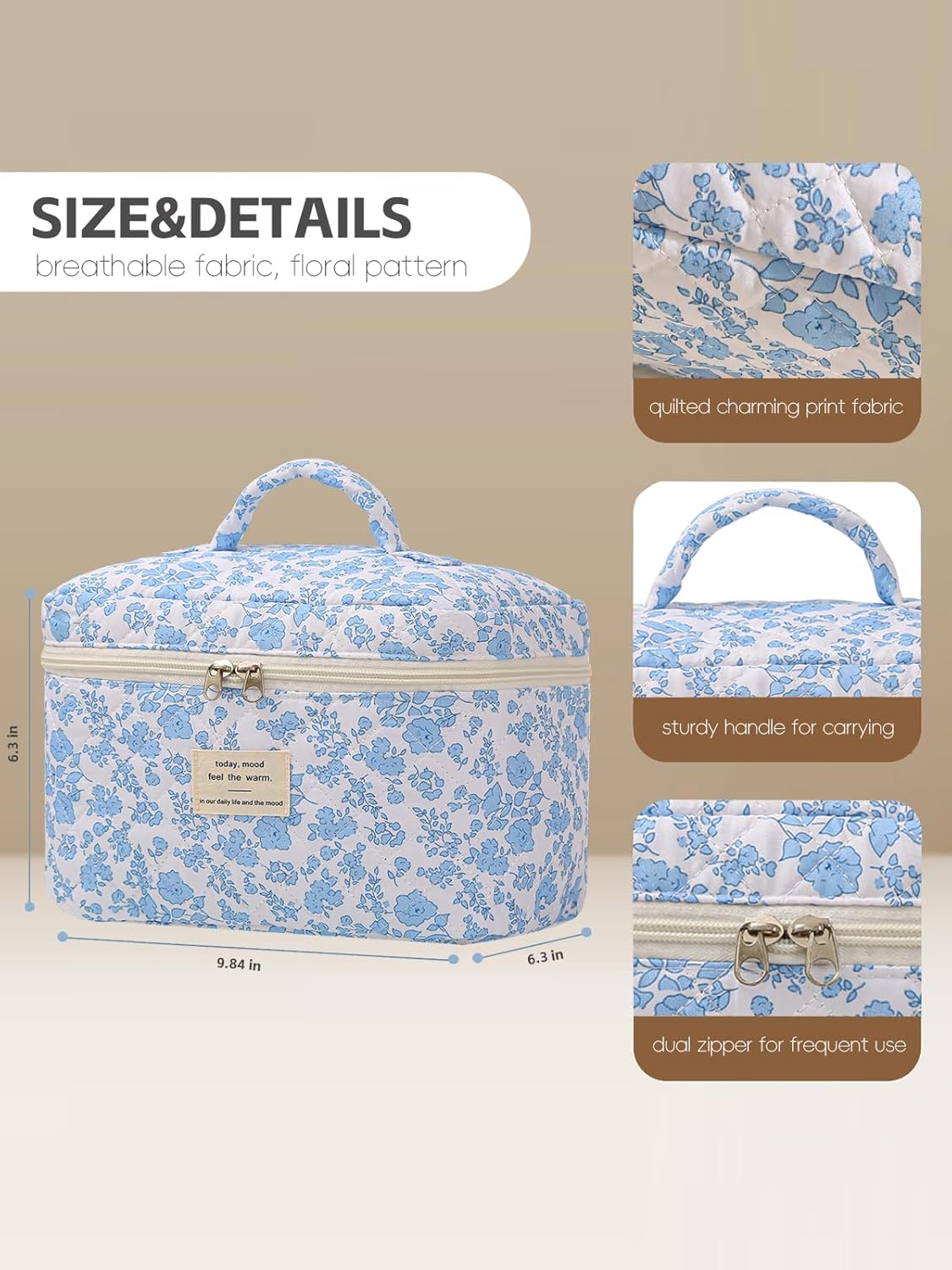 Large Travel Quilted Makeup Bag for Women Girls, Floral Cosmetic Bag, Cute Coquette Aesthetic Flowers Toiletry Organizer Bag Blue Flower