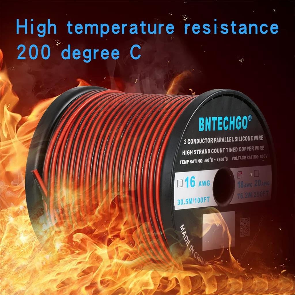 BNTECHGO 18 Gauge Flexible 2 Conductor Parallel Silicone Wire Spool Red Black High Resistant 200 deg C 600V for Single Color LED Strip Extension Cable Cord,Model,250ft Stranded Tinned Copper Wire
