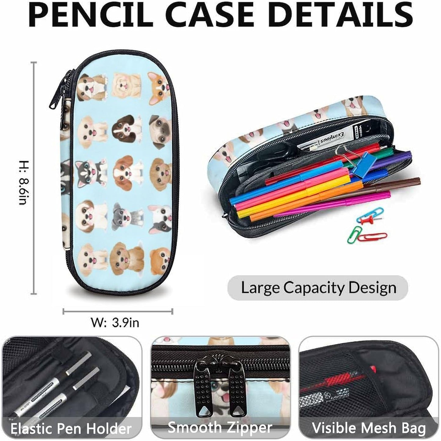 Dog Backpack with Lunch Box, Set of 3 School Backpacks Matching Combo, Cute Blue Bookbag and Pencil Case Bundle