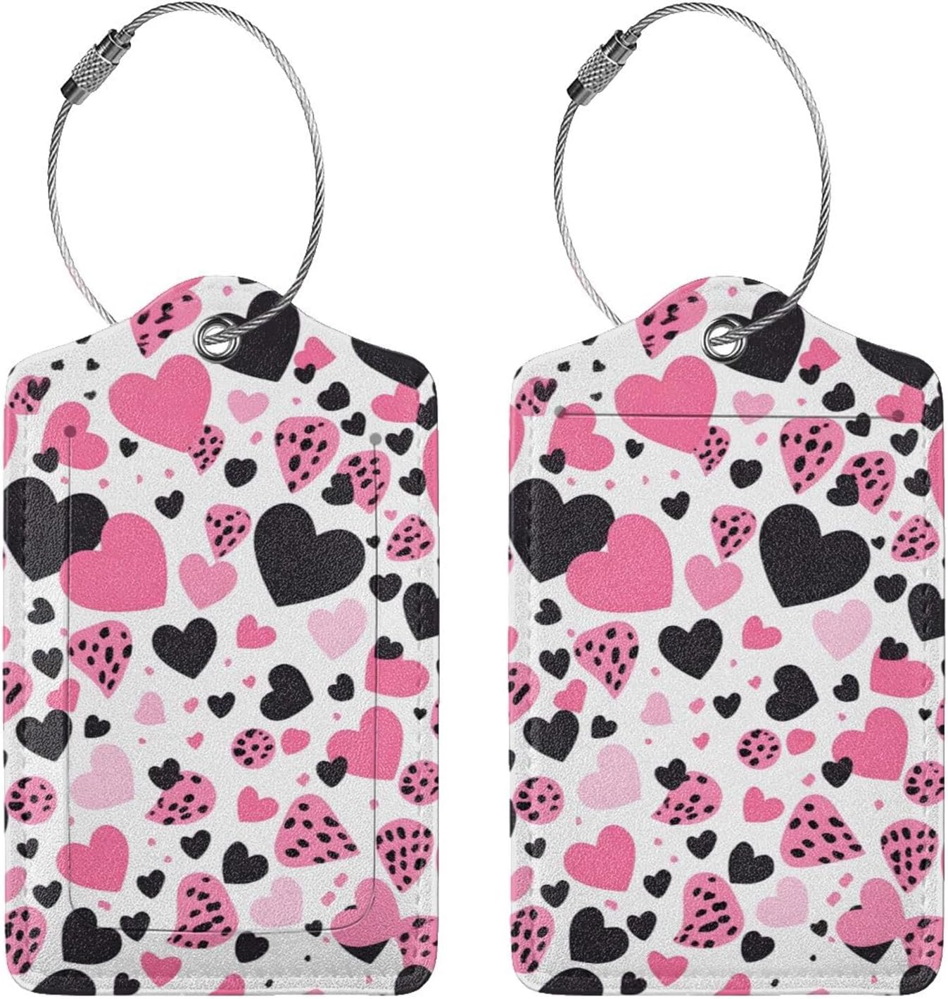Pink Black Hearts Leather Luggage Tags with Stainless Steel Loop 2 Pack Suitcase Tags Travel Luggage Identifiers for Suitcases Privacy Cover Name Tag for Kids Adult