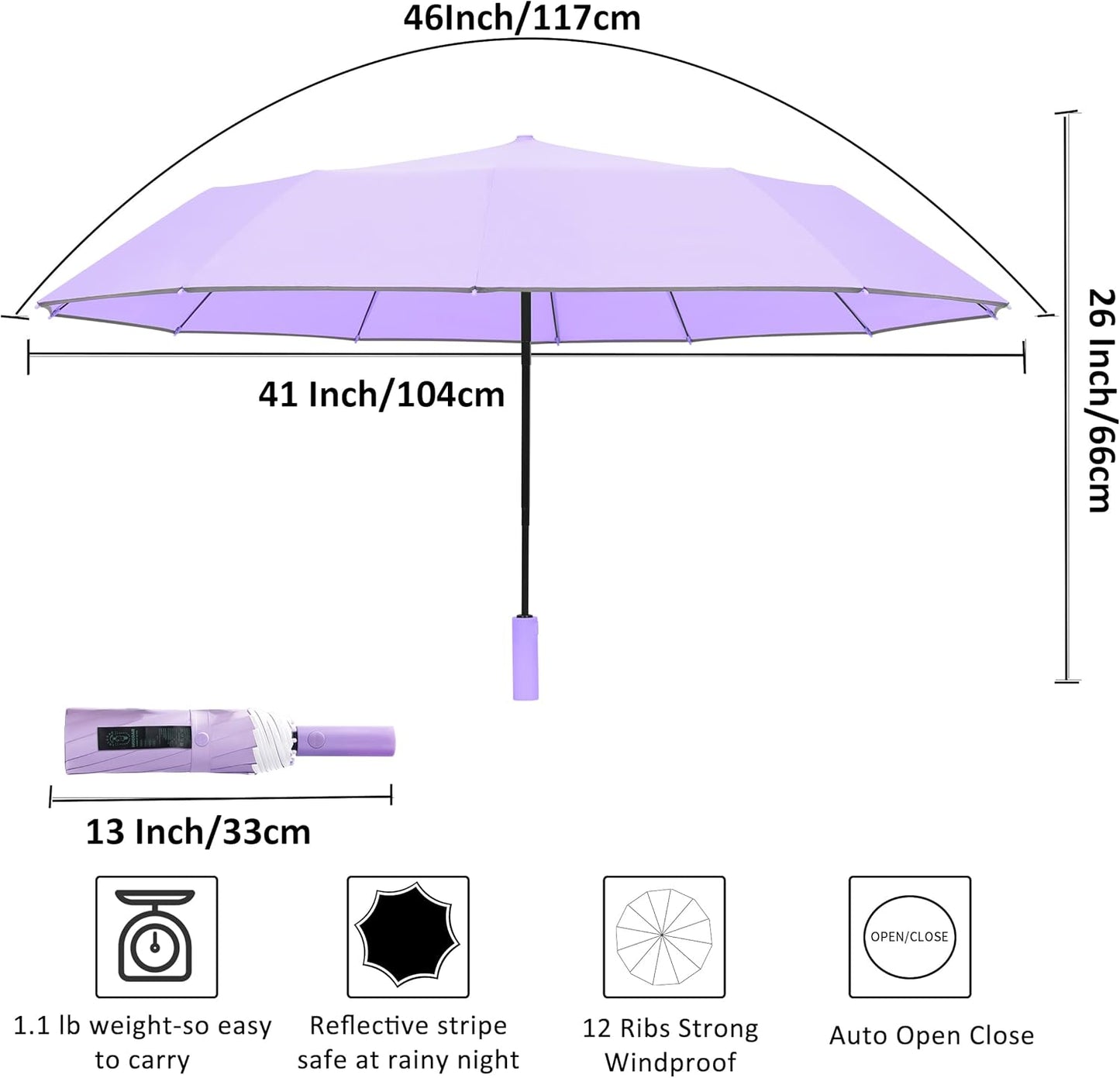 BAODINI Windproof Compact Rain Umbrella for Travel 42/46 Inch Premium Fabric Auto Open Perfect for Purse and Backpack Portable Umbrella for Women and Men