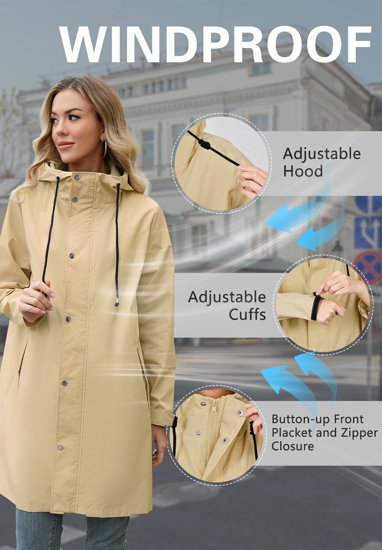 Zando Packable Rain Jacket Women Lightweight Travel Raincoat Khaki XL