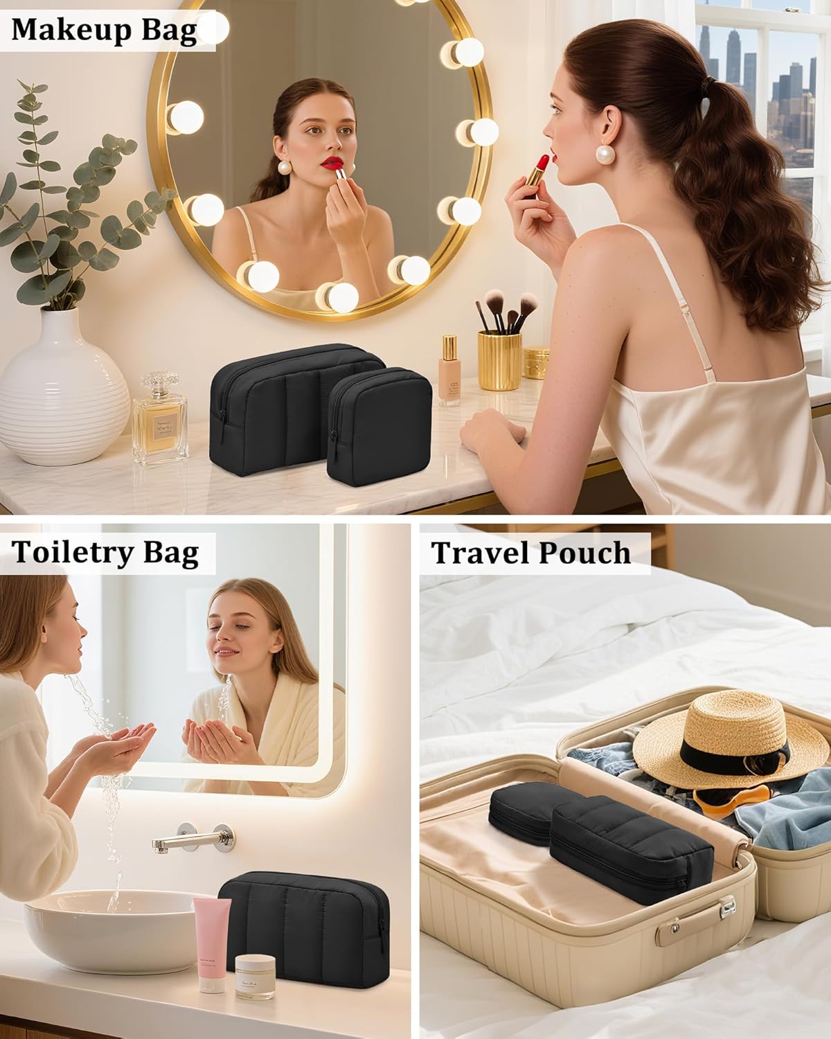 oscaurt 2 Pcs Makeup Bag Travel Toiletry Bag for Women Puffy Padded Cosmetic Pouch Purse Wide-open Makeup Organizer Case Travel Essentials
