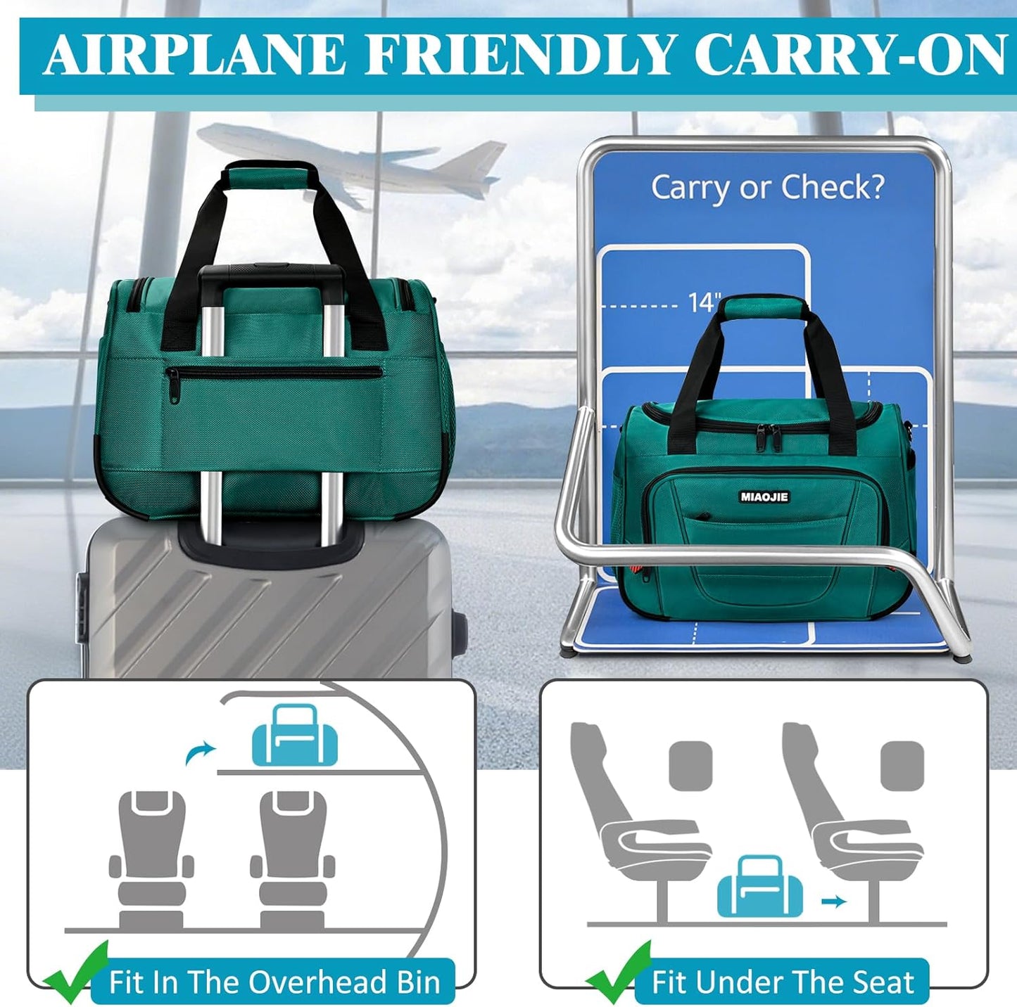 Underseat Carry On luggage Bag Airplanes Personal Item Bags, Gym Bag for Men Weekender Overnight Travel Tote Bag Shoulder Small Softside Carry on Luggage Travel Duffel Bags For Men,16 IN Peacock Green