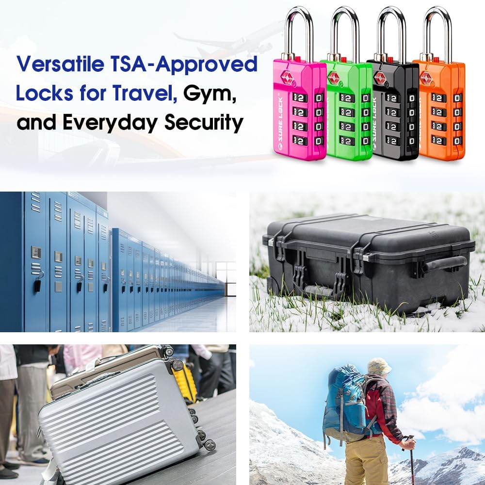 SURE LOCK TSA Approved 4-Digit Resettable Combination Luggage Lock with Open Alert, Easy-Read Dials - for Luggage, School Lockers, Gym, Office, Toolbox & Security Cases(Green 1 Pack)