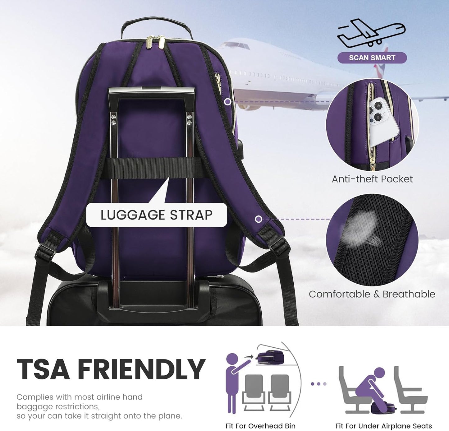 LOVEVOOK Laptop Backpack for Women 17.3 inch,Cute Women Travel Backpack Purse,Professional Laptop Computer Bag,Waterproof Work Business College Teacher Bag Carry on Backpack with USB Port,Royal Purple