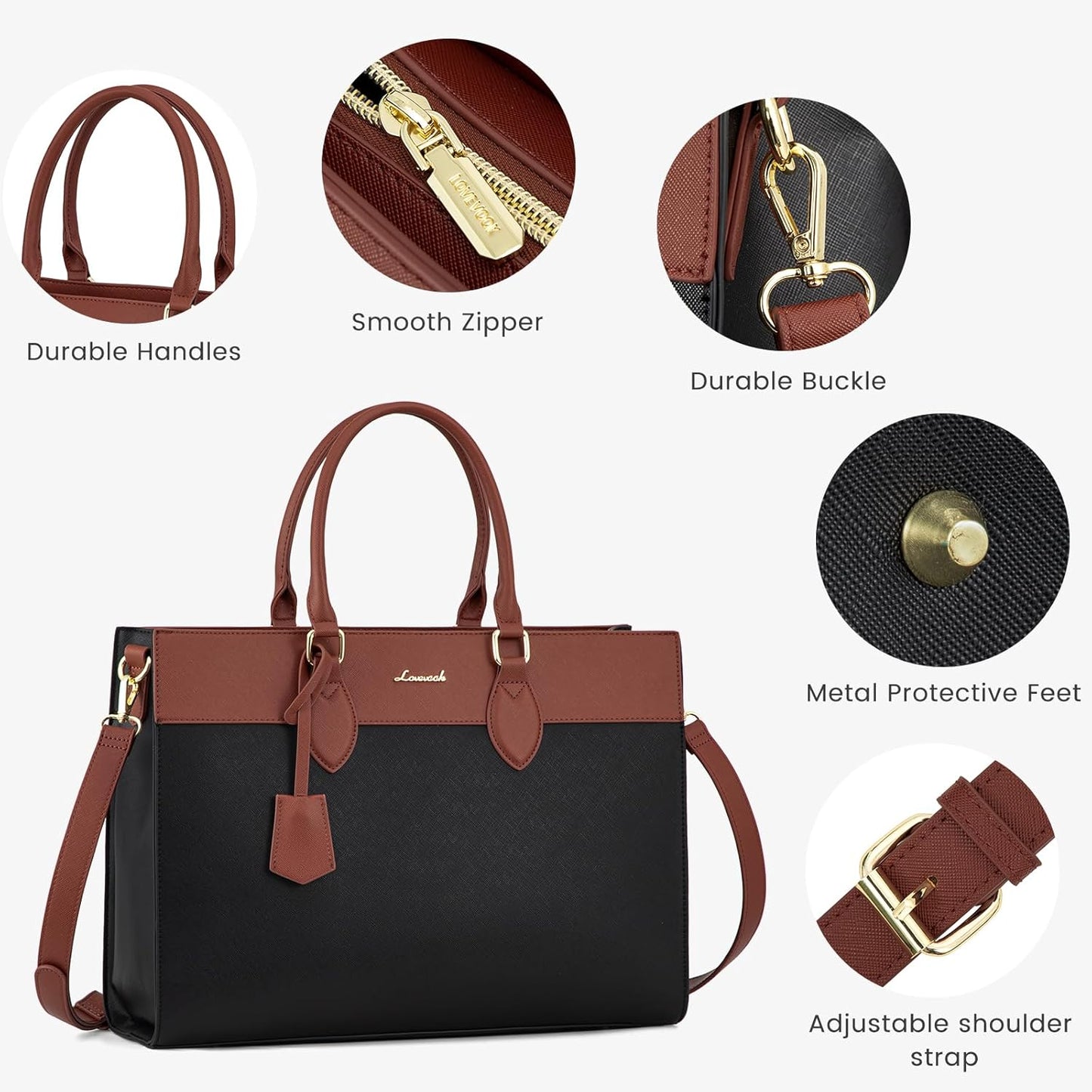 LOVEVOOK Laptop Bag for Women, 15.6 inch Leather Tote Bag Work Briefcase Handbag Shoulder, Black-Brown