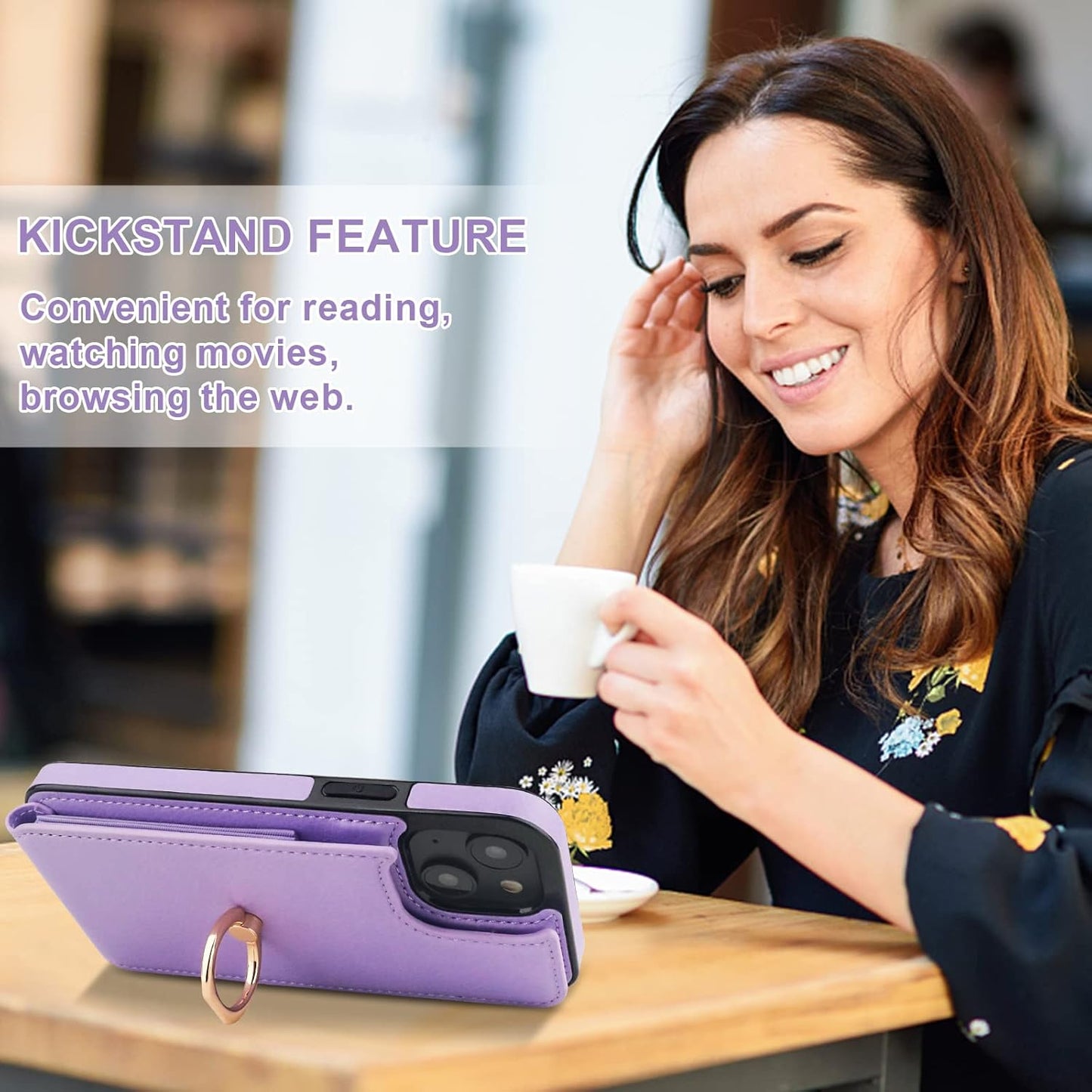Folosu Compatible with iPhone 14 Plus Case Wallet with Card Holder, 360°Rotation Finger Ring Holder Kickstand, RFID Blocking Leather Protective Double Buttons Shockproof Cover 6.7 Inch Purple