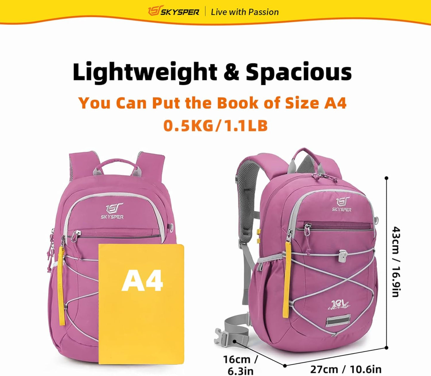 SKYSPER Kids Backpack 18L Children School Bag Child Boy Girl Pack Ages 4-8 for Traveling Day Trips Classes(Purple)