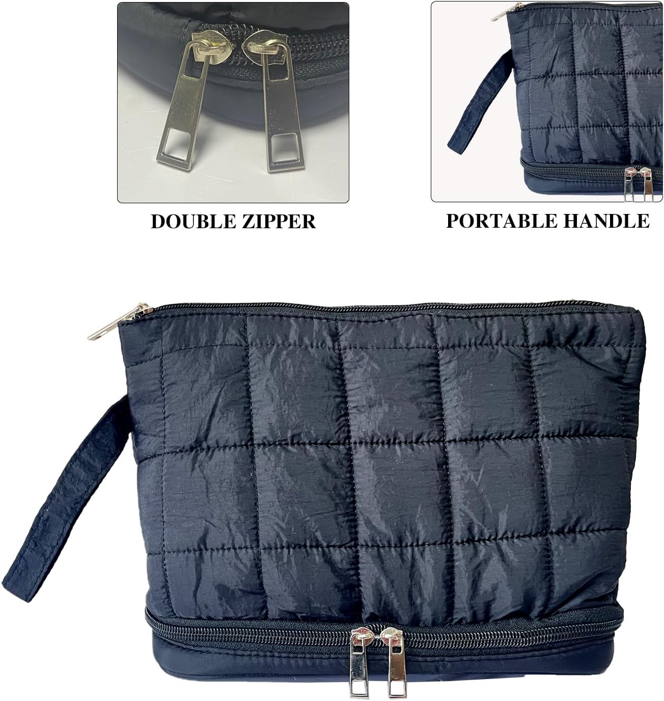 Black Puffy Puffer Makeup Bag for Purse Small Makeup Pouch Quilted Cosmetic Bag Cute Cotton Toiletry Pouch Bag for Women