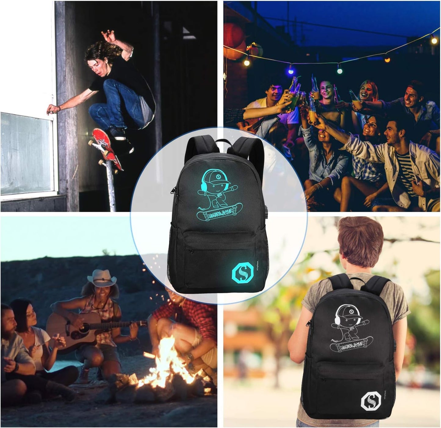 School Backpack for Teen Boys, Skateboard Anime Luminous Backpack with USB Charging Port, Anti Theft Lock and Pencil Case, College School Bookbag Lightweight Laptop Bag, Black