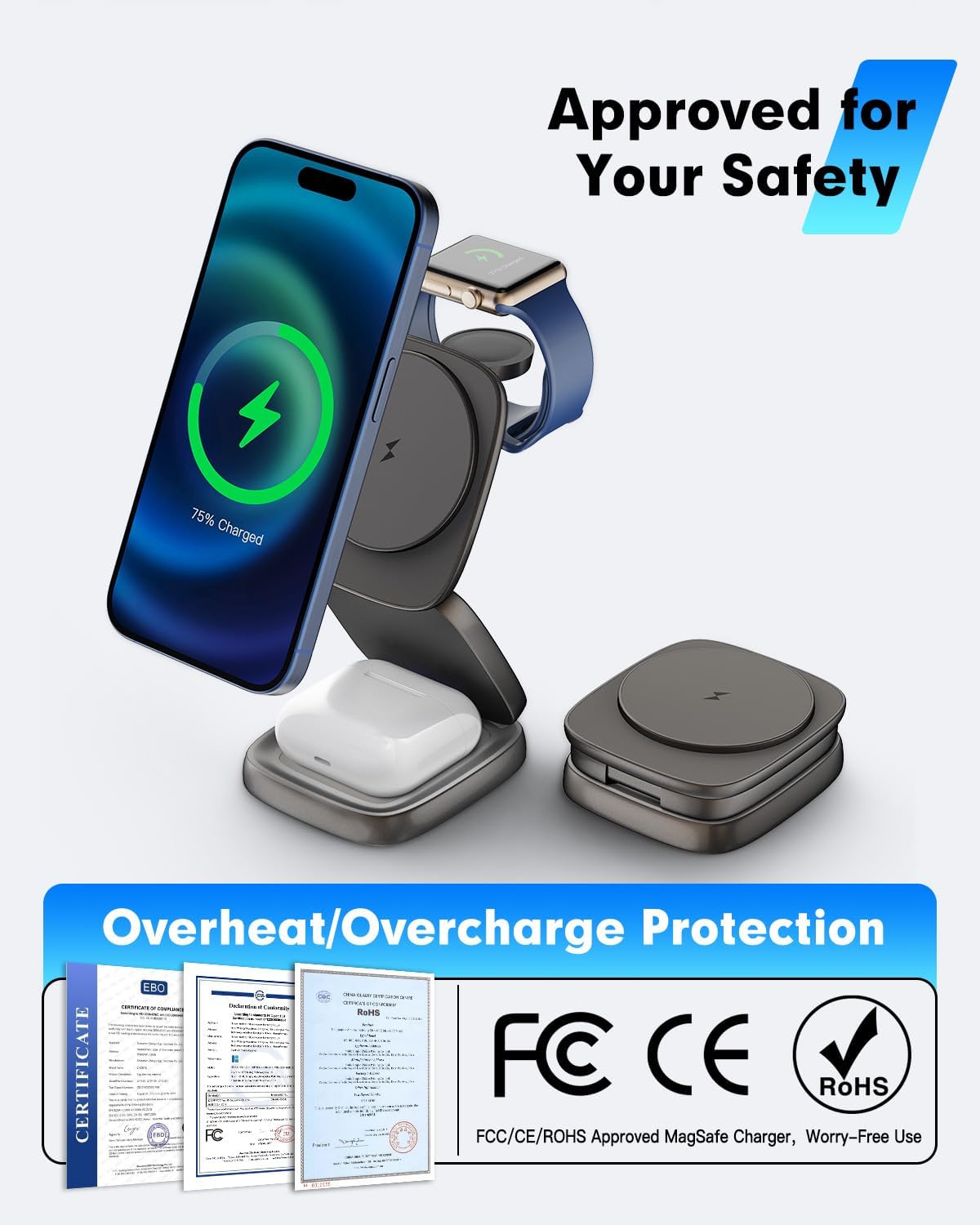 Charging Station for Apple Multiple Devices - for 15W Mag-Safe Fast Charging All-Aluminum Foldable Magnetic Wireless Charger Dock for iPhone 17 16 15 14 13 12 & iWatch & Airpods (30W Adapter)