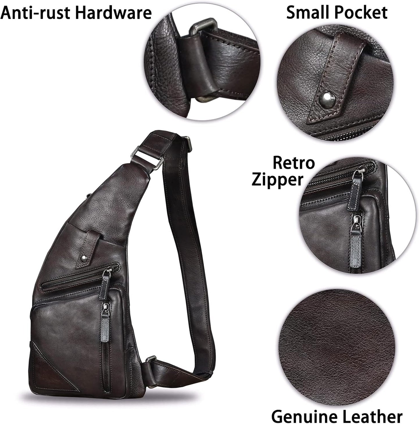 Genuine Leather Sling Bag for Men Vintage Handmade Crossbody Daypack Hiking Backpack Retro Crossbody Shoulder Bags (DarkCoffee)