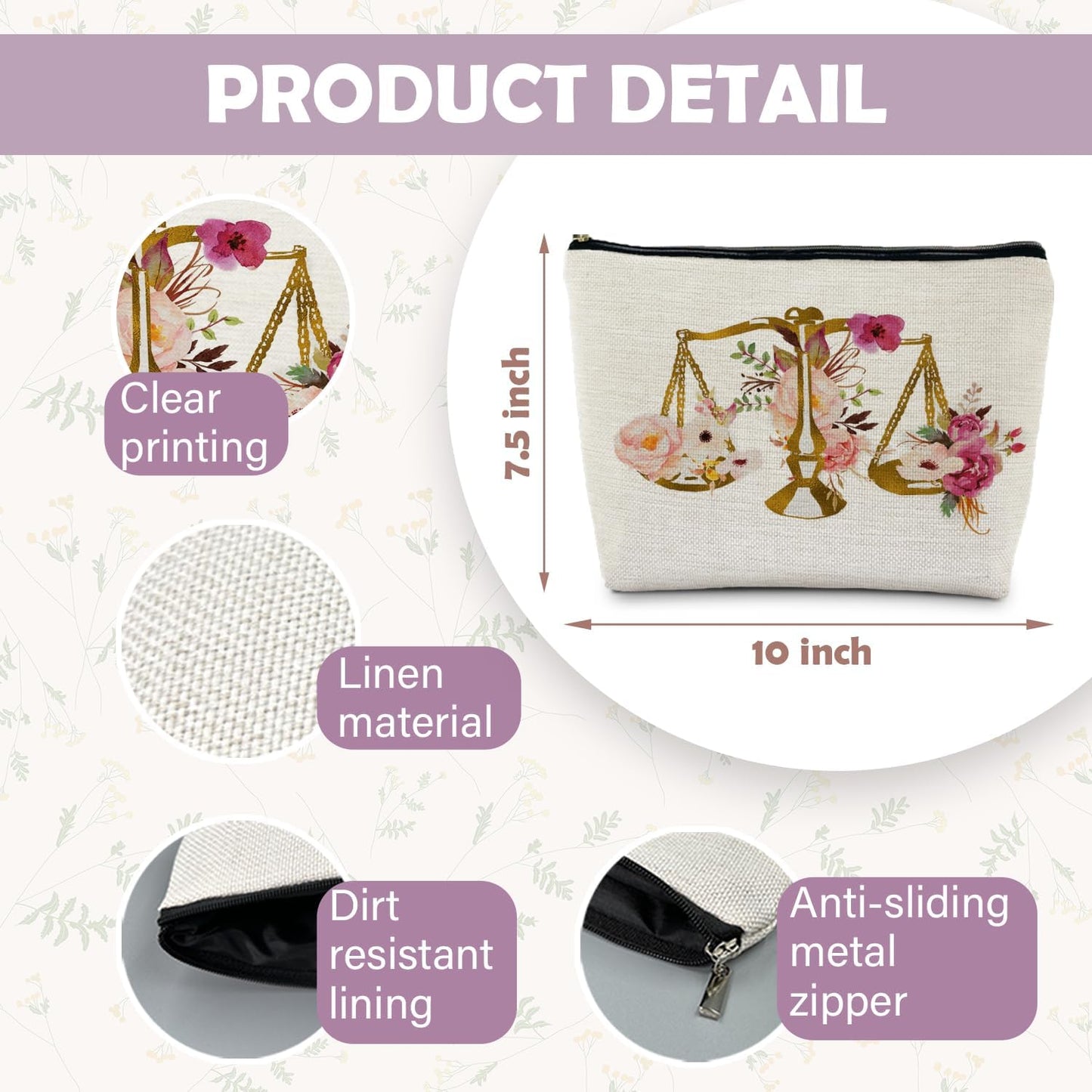 Lawyer Gifts for Women, Lawyer Floarl Scale Makeup Bag, Law Graduation Gifts, Future Lawyer Gifts, Gifts for Lawyers,Women in Law Cosmetic Bags Makeup Pouch