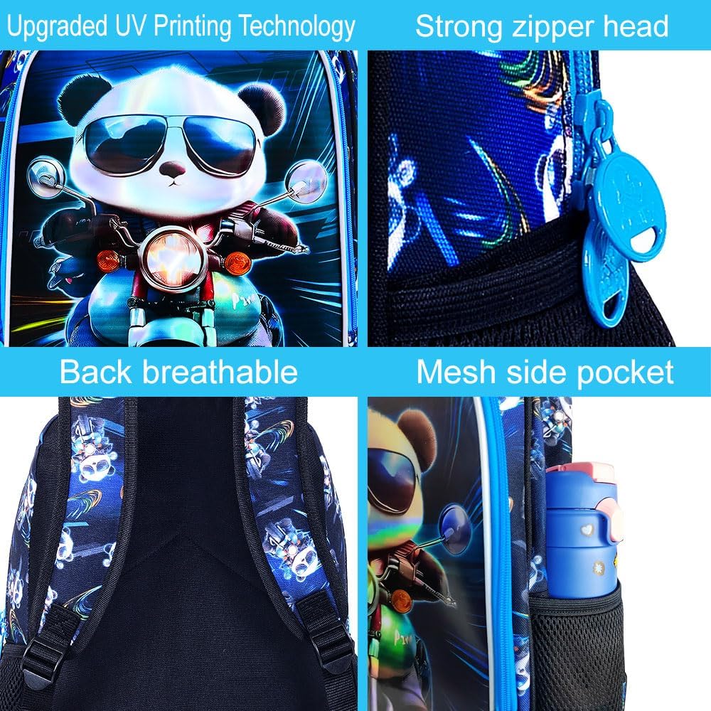 CCJPX 3PCS Backpack for Boys, 16 Inch Kids Panda Water Resistant Preschool Backpacks, Cool Kindergarten School Bookbag Set for Teen Travel