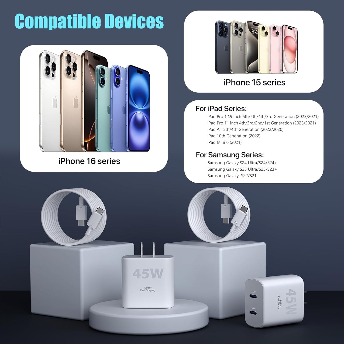 iPhone 17 16 15 Charger Fast Charging PD 45W 2-Port, 10 FT USB C Cable iPhone 17/16/15 Pro max Charging Long Cord with Apple Charger Block for iPhone 17 Pro Max/17 Pro/17 Air/iPhone 16 15 Series, iPad