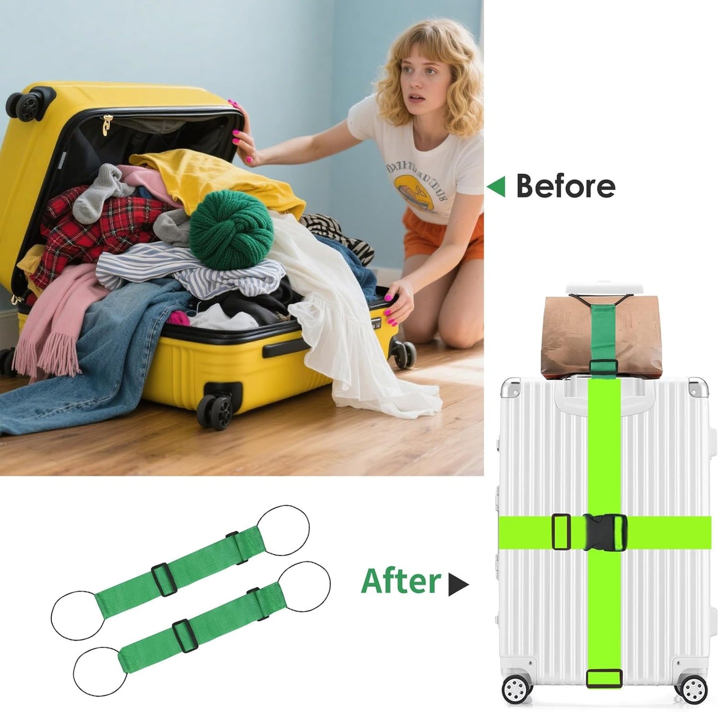 Adjustable Luggage Straps for Suitcases TSA Approved,6 Pack Suitcase Strap Travel Luggage Connector Belt for Bags,Luggage Tags for Suitcases,Luggage Straps to Connect Two Suitcases(Green)