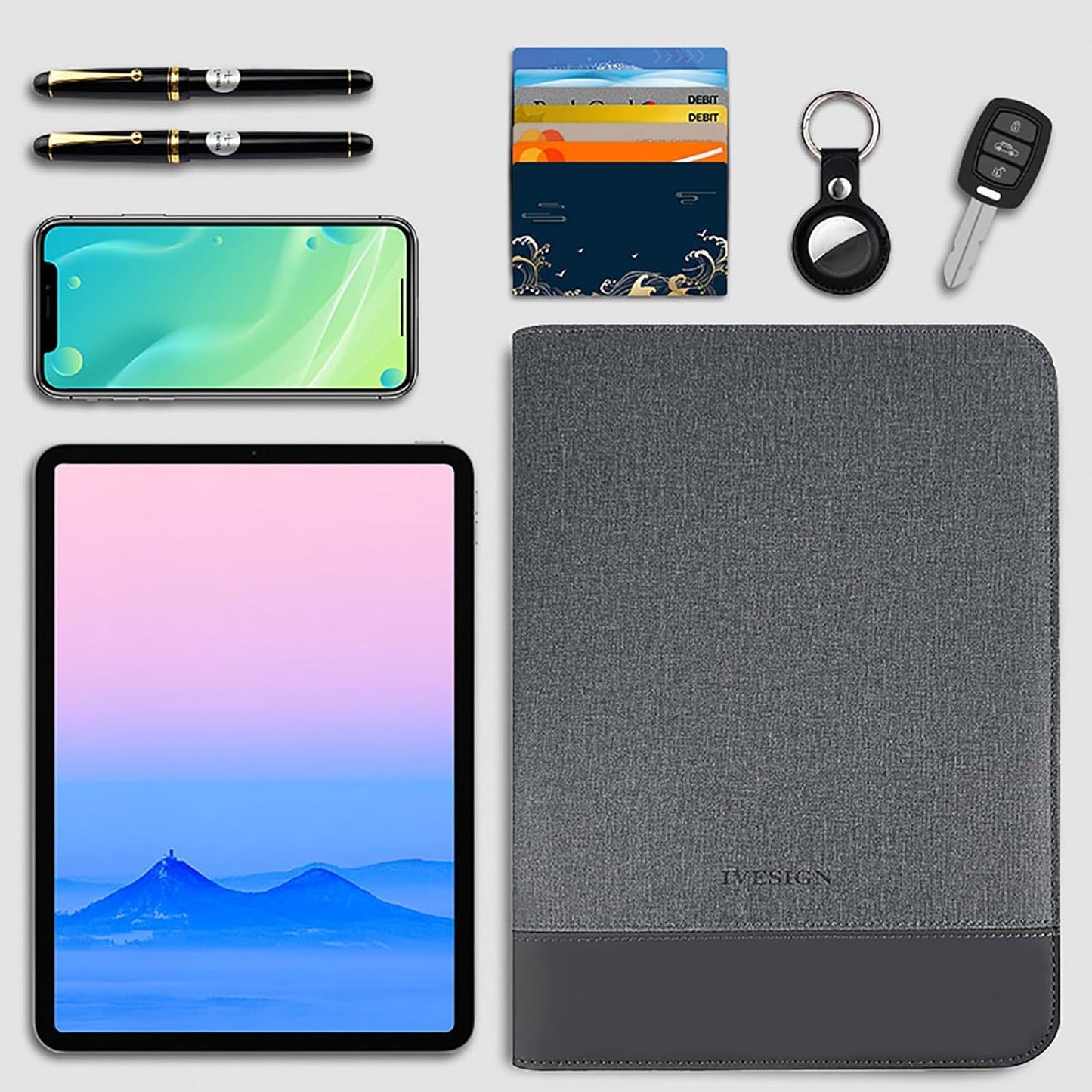IVESIGN PU Leather Padfolio with Double Zipper, 10.1" Tablet Sleeve, Card Slots & Writing Pad - Multi-Functional Portfolio Binder for Documents, Business Card Organizer & Office Accessories