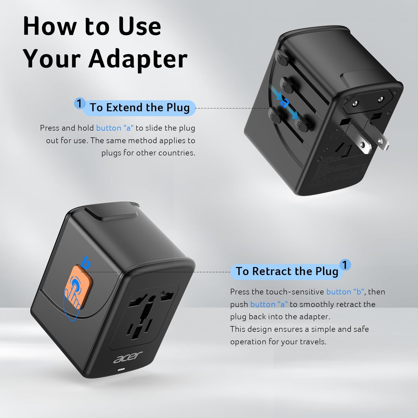 Acer Universal Travel Plug Adapter - International Power Adapter with 5 USB Ports (3 USB C) 5.8A